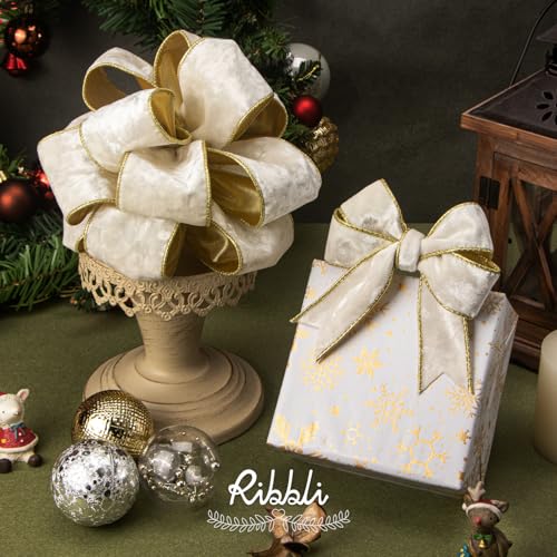 Image of Ribbli Ivory Velvet Wired Ribbon 1.5 Inch Metallic Ivory Crushed Velvet Christmas Ribbon for Gift Wrapping Christmas Tree Decoration Crafts Wreaths Supplies-Continuous 10 Yards