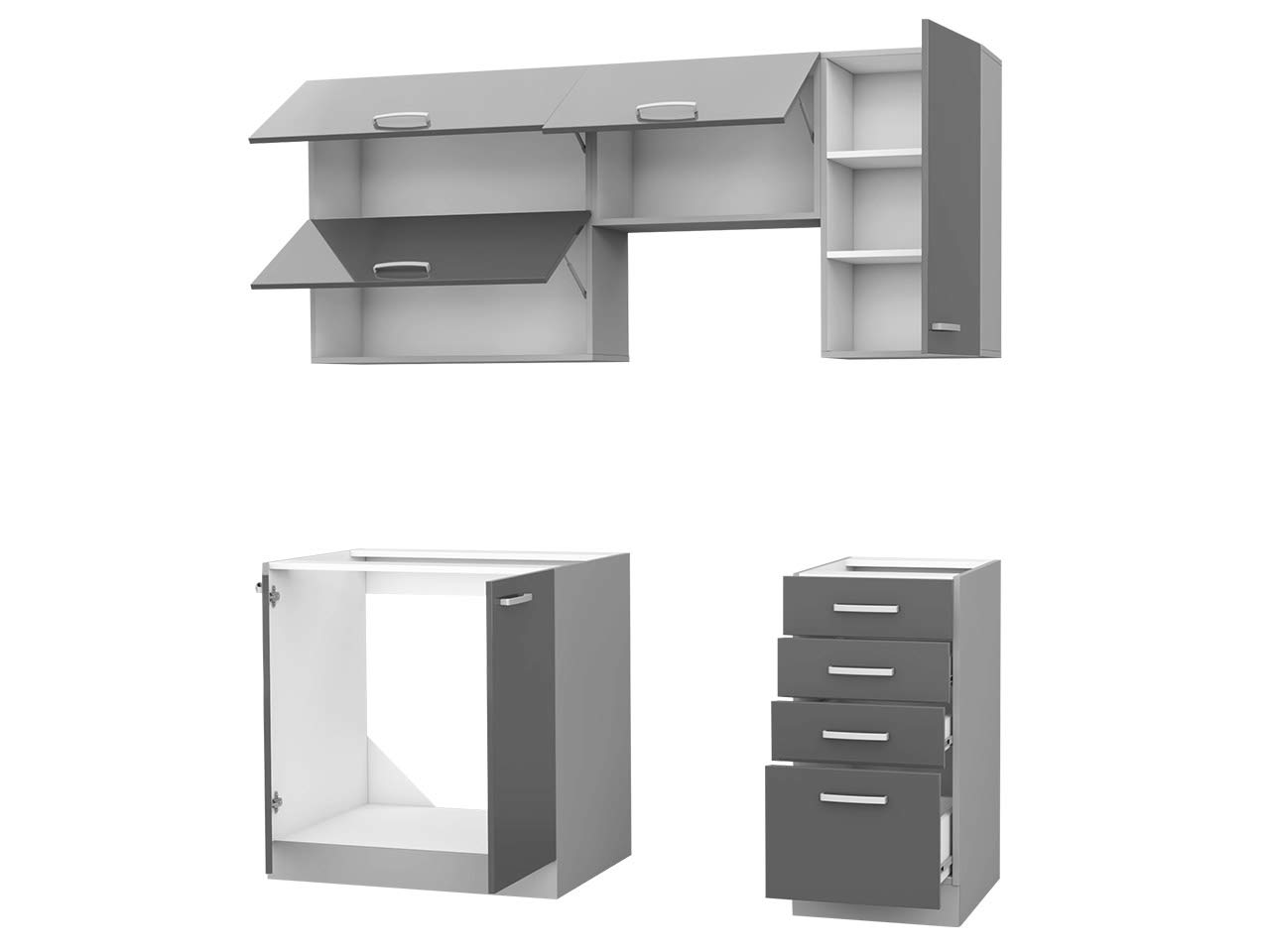 Mirjan24 Küche Multiline II, 180 cm Küchenblock/Küchenzeile mit Arbeitsplatte und Spülbecken, 5 Schrank-Module frei kombinierbar (Grau/Weiß Hochglanz; mit LED Beleuchtung)