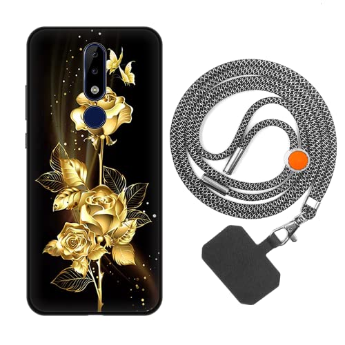 vingarshern Funda Compatible con Nokia 5.1 Plus Carcasa Silicona Suave Marco,Anti-Choque Funda con Aesthetic Dibujos+1×Correa Colgante Ajustable,Flores Doradas