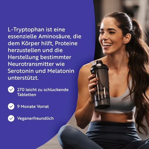 L-Tryptophan 500mg Hochdosiert - 270 Vegane Tabletten - Aus Pflanzlicher Fermentation - Premium Qualität L Tryptophan - Ohne Synthetische Bindemittel und Füllstoffe - Hergestellt von Nutravita
