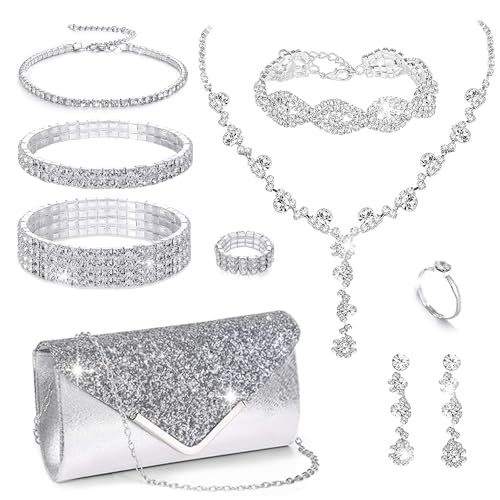 10Pcs Silvery Rhinestone Jewelry Set for Women Bride Wedding Prom Jewelry Evening Rhinestone Sparkly Clutch Purse Bag Necklace Tennise Layered Bracelets CZ Ring Crystal Drop Earring Set Silvery Shiny Costume Kit