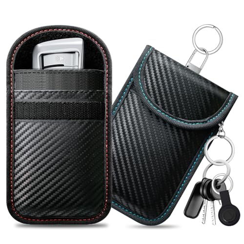 caslord Keyless Go Schutz Autoschlüssel 2 Stück Mittel Faraday Taschen Kohlefaser Leder Keyless Go Schutzhülle RFID Blocker Schlüsseletui- Rot+Blau