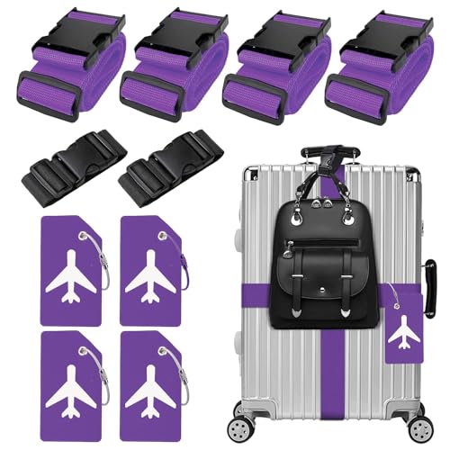 4 Stück Koffergurt & 4 Stück Kofferanhänger & 2 Stück Fügen Sie Eine Tasche Gepäckgurte Hinzu, Kofferband Gurt, Einstellbare Kofferbänder, Auffällig Luggage Strap für Koffer (Violett)