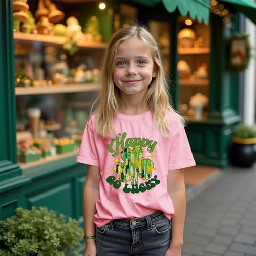 Image of MODNTOGA Kids Girls St Patricks Day Shamrock Graphic T-Shirt Happy Go Lucky Print Shirt Green Clover Short Sleeve Tee Tops (Pink, 9-10 Years)