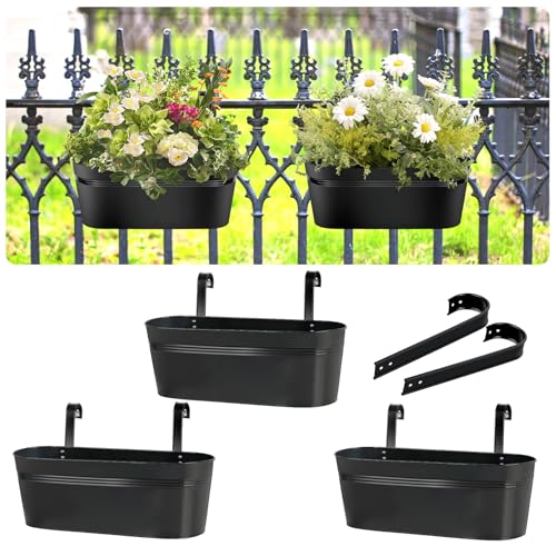 3 Pack Railing Planter, 17 Inch Hanging Planters for Outdoor Plants, Metal Fence Planters, Balcony Planter with Detachable Hooks Drainage Holes for Garden Yard Home Countryside Decor