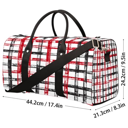 Red Black Plaid Travel Duffel Bag, Modern Pattern Sports Tote Gym Bag, Foldable Weekender Overnight Bag, Luggage Handle Bag for Women Men4