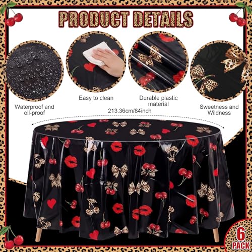 Image of Ganeen 6 Pcs Cheetah Cherry Plastic Tablecloth 84 Inch Red Black Leopard Round Tablecloths Birthday Decor Disposable Plastic Waterproof Table Covers for Weeding Tea Decoration Party Favor