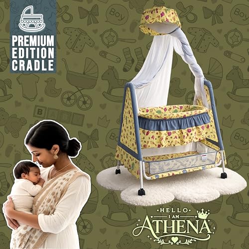 Image of Kiddery Athena Baby Cradle | Sleep Safely & Comfortably | Mosquito Net Protection | Lightweight & Compact Design | All-Wheel Lock | Unisex | 0-10 Months | Yellow