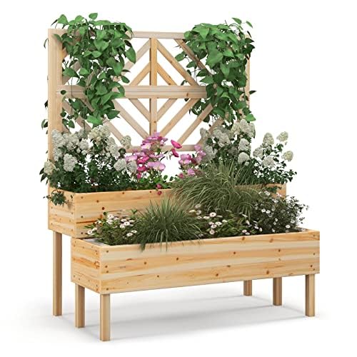 FANTASK Blumenkasten mit Spalier aus Tannenholz, Gartenspalier mit 2 Rankkästen, Pflanzkasten für Kletterpflanzen, Hochbeet mit Rankgitter & Drainageloch (Natur)