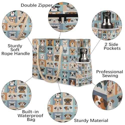Cute Animal Dogs Puppy Large Beach Bags for Women with Zipper Beach Tote Bag Waterproof Sandproof Gym Swim Pool Grocery Travel Bag3