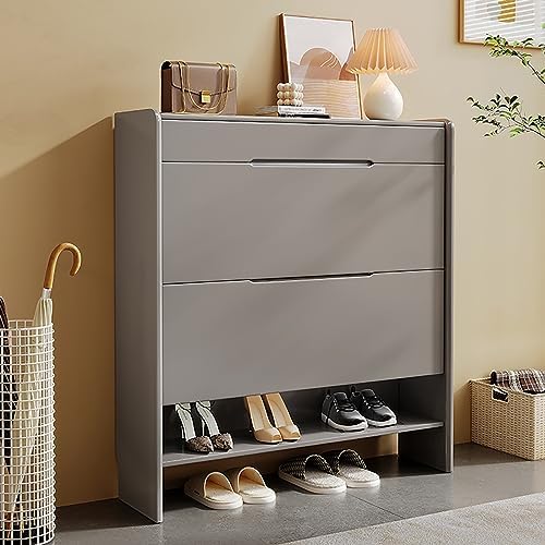 Modern 2-Tier Wooden Shoe Storage Cabinet - Slim Free Standing Shoe Rack Organizer with Hidden Doors, Tipping Bucket Design & Bottom Compartment for Small Spaces, Vintage Style