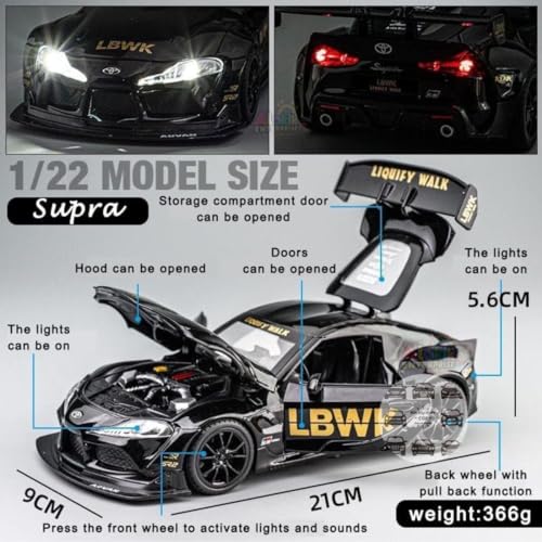 Image of 1:24 Toyota Supra LBWK Racing Car Toy Alloy Diecast Sound & Light Model for Children - Black