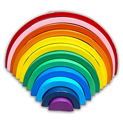 12 PCs Wooden Rainbow Stacker, Extra Large 12 Pcs Stacking Game, Nesting Puzzles Building Blocks Educational Toys, Early Development Gift for Toddler Kids