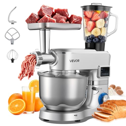 VEVOR Procesador de Alimentos Eléctrico Multifuncional de 1500 W, con Bol de Acero Inoxidable 5,7 L y Bol para Mezclar 1,5 L, 6 Velocidades + P, Gancho para Amasar, Batidor de Varillas y el Plano