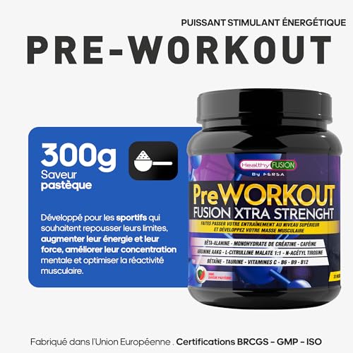 Healthy Fusion PreWorkout | Bêta-Alanine, L-Arginine AAKG, Créatine, Caféine et Taurine | Énergie Explosive, Force, Endurance et Récupération Optimisée | Sans effets secondaires | 300g Saveur Pastèque – Image 3