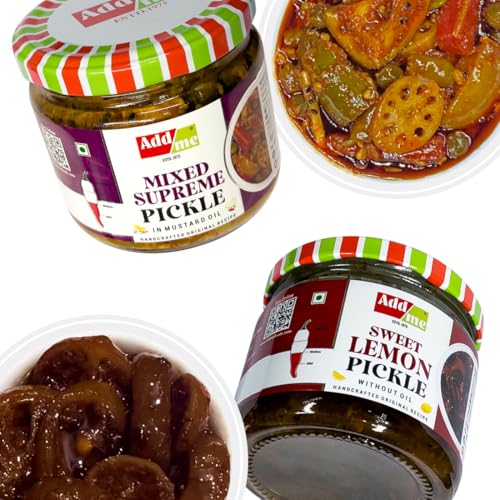 Image of Add me combo pickle box gift pack 6 in 1 dry mango achar 300gm + mixed pickles 300grm + amla murabba 300 gm + sweet Lemon pickle 350gram + Lal mirchi ka achar 300 gm + sweet mango jeera chutney 350grm glass jar