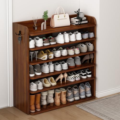 HE SHOEVA 5 Tier Shoe Rack, Wooden Shoe Storage Cabinet, Large Capacity Tall Shoe Shelf Free Standing Shoe Rack Organizer for Closet Entryway Garage Bedroom, Brown