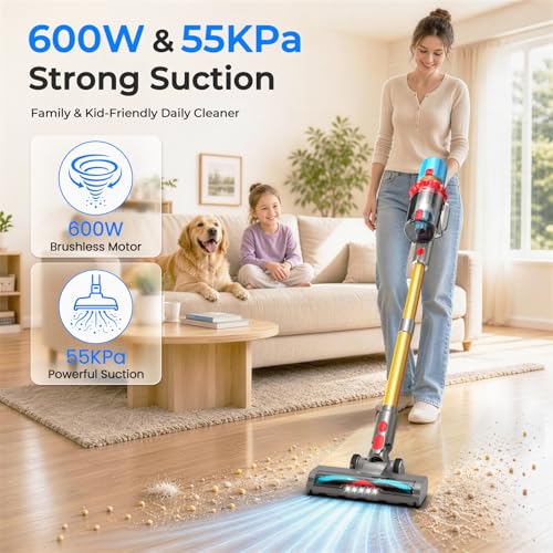 Image of Cordless Vacuum Cleaner, 600W 55KPa Max 75mins Stick Vacuum for Pet Hair