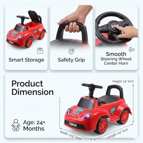 Image of Baby Kids Ride On Red Car for Toddlers with Steering Wheel & Backrest | Foot to Floor Baby Push Car | Indoor Outdoor | Strong Wheels & Comfortable Seat | Racing Design for Boys & Girls (1-3 Years)
