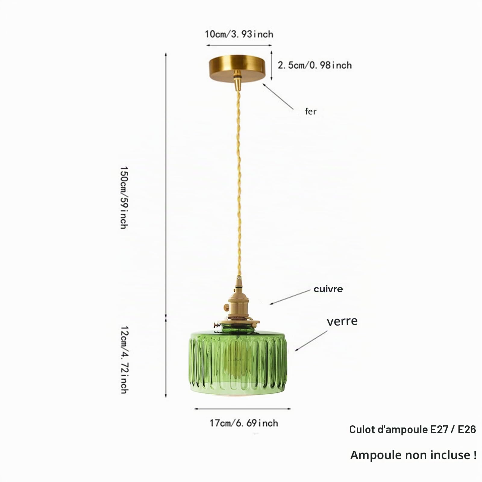Mini Suspension avec Abat-jour en Verre Strié Rond, Lampe Suspendue de Plafond Industrielle Rétro Loft Bar E27 pour Chambre Salle à manger Cuisine (Vert)