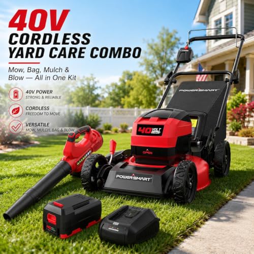 Image of PowerSmart 40V Brushless Cordless 17 inch 3-in-1 Push Lawn Mower & Leaf Blower Combo, 6-Position Height Adjustment & 11.8 Gal Bag, 115 MPH 465 CFM 2 Mode Blower, Battery Powered Yard Tools Set
