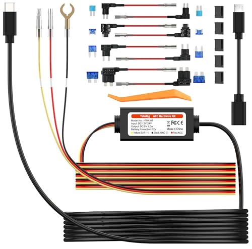 Yabdbg ACC Hardwire Kit for all Type-C & Mini USB Dash Cam, 12V-30V to 5V/3A Charger Power Cable, 8 Fuse Tap Cable,LED Indicator, 24H Parking Mode with Low Voltage Protection, 3.5m Long for D70/D80