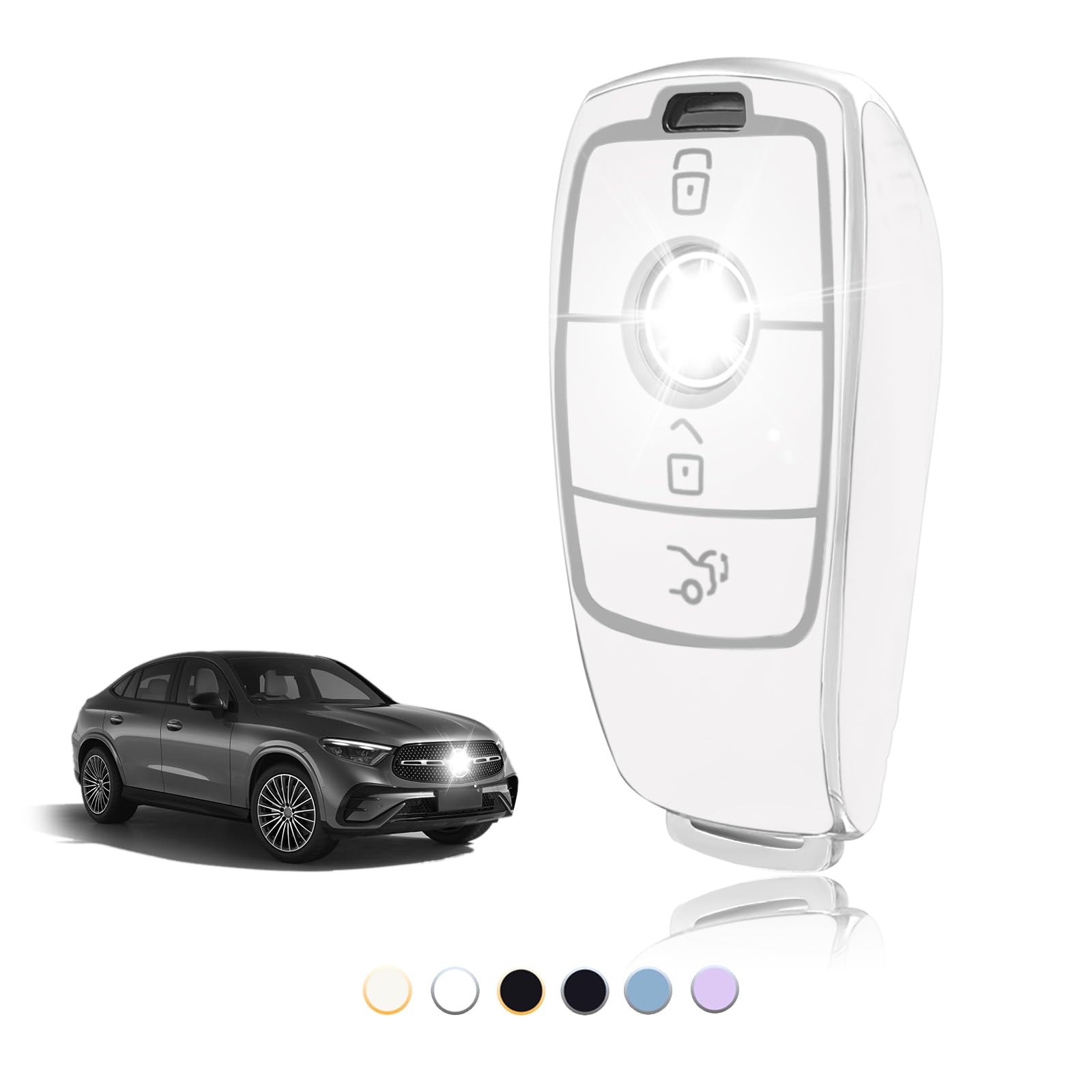 Coque TPU Avec Porte-clés Cuir Pour Clé Mercedes - Compatible A/B/C/E/GLA/GLC/AMG Etc. - Motif Flocon Argenté