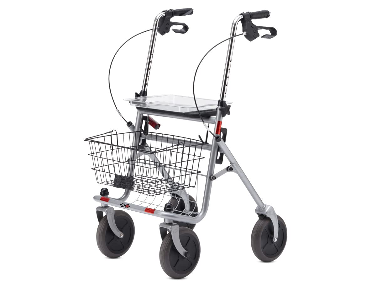 Bischoff & Bischoff Senio Andador plegable – Andador estándar con ruedas grandes para interior y exterior, altura ajustable, incluye cesta, bandeja y soporte para bastones