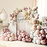 Juego de 30 globos de doble relleno de 30 cm (30 unidades), 30 cm de doble relleno de albaricoque (30 unidades), 30 cm de color oro rosa metálico (15 unidades), 25 cm de doble relleno de color arena (20 unidades). 1 rollo de tiras de guirnalda, 1 rollo de adhesivo para globos y cinta fruncida blanca