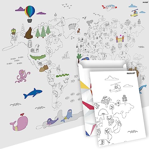 PACKLIST® Grand Poster Coloriage XXL Monde! Activité Éducative & Créative Enfants. Des Heures de Jeu & Découverte (Continents, Cultures). Cadeau Ludique...