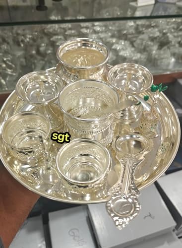 indiancraftsbykanika Pure German Silver Pooja thali Set of 11 Pieces for Housewarming Pooja/Diwali Festival