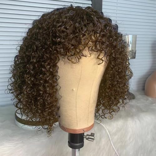Chocolate Brown Human Hair Curly Bob Wig with Bangs - Glueless Short Wig for Women - 4# Color 12 Inch - Image 2