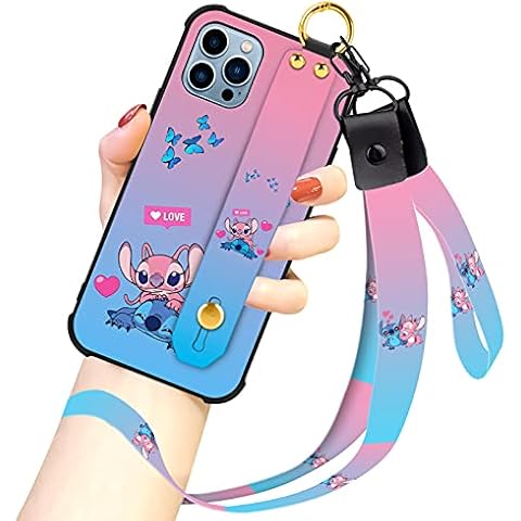 Cartoon Case for iPhone 13 Pro Max Case 6.7 Inch Cute Stitch Angel Butterfly Cartoon Character Design with Lanyard Wrist Strap Band Holder Shockproof Protection Bumper Kickstand Cover Cover