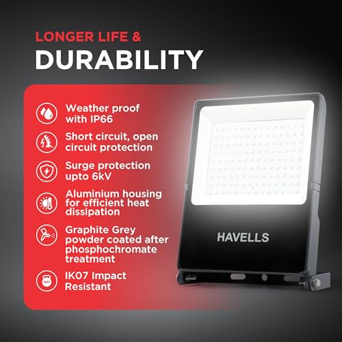 Image of Havells Polycarbonate 20W LED Flood Light, Centura Neo 6K IP66 Waterproof LED Lights with 120 Wide Beam-LED Lamp Lights for Yard, Factory,Garden, Playground & Home