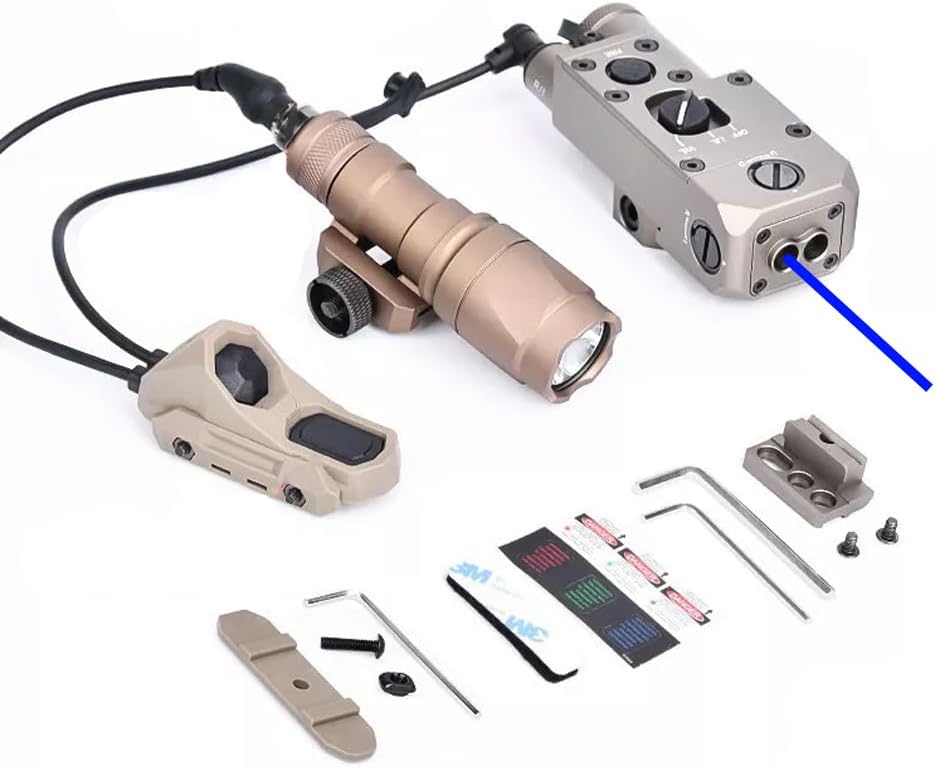 Metal CQL-1-Mod Mini Box Aiming Laser Sight Indicator(with IR Laser + Blue Laser), & M300A Strong LED White Flashlight, & AX Modular Dual Wire Remote Pressure Switch(SF+2.5 Plug) Combo, Tan