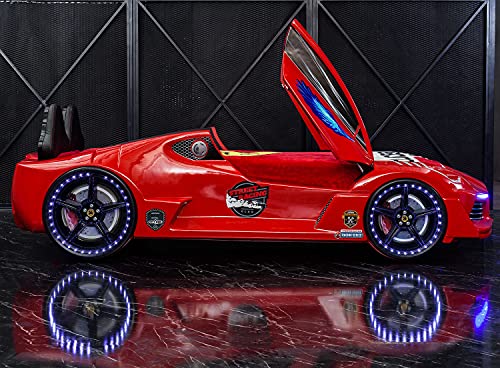 Car Bed for Boys - Racing Car Bed with Led Lights, Single Toddler Bed for Kids with Leather Cushioning, Red Kids Bed Frame with Remote Control Lights & Sounds for Kids, Boys & Girls - Opening Doors Car Bed for Boys - Racing Car Bed with Led Lights, Single Toddler Bed for Kids with Leather Cushioning, Red Kids Bed Frame with Remote Control Lights & Sounds for Kids, Boys & Girls - Opening Doors