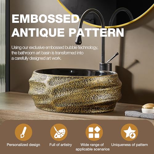 MEJE 45 x 40 x 16.5 cm Kunstwaschbecken, Oval, Reliefoberfläche, Vintage-Gold, Arbeitsplatte Waschbecken, Keramik (einschließlich Pop-up Abfluss)