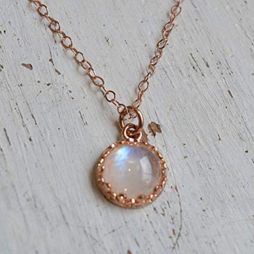 Moonstone Pendant Necklace Rose Gold Filled 8 mm stone June Birthstone Handmade Jewelry Length 16 inch + extender