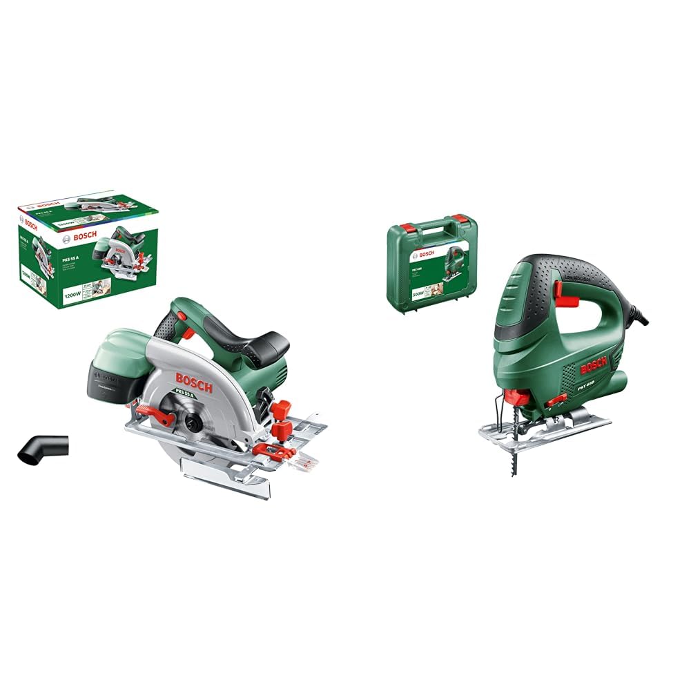 Scie circulaire filaire Bosch - PKS 55 A (1200W, livrée avec lame pour bois, butée Parallèle) & Scie Sauteuse Filaire Bosch - PST 650 (500 W, Livrée avec Coffret de Rangement et 1 Lame de Scie)