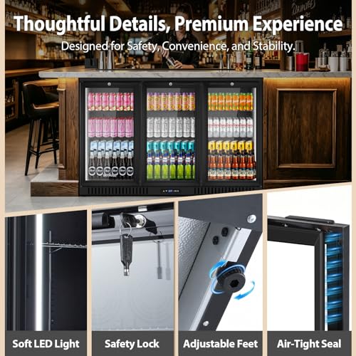 Image of ORYMUSE 53 inch Commercial Back Bar Cooler with 3 Glass Doors, 11.2 Cu.Ft Under Counter Beverage Refrigerator, Built-in or Freestanding Bar Fridge with Safety Lock & LED Light for Restaurant, Club, Hotel