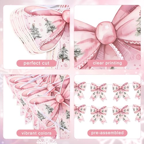 Image of Oudain 2 Pack Pink Bow Christmas Garland Banner Pink Coquette Christmas Bow Hanging Bunting Banner Flags for Xmas Birthday Bridal Shower Wedding Engagement Bachelorette Girl Baby Shower Supplies