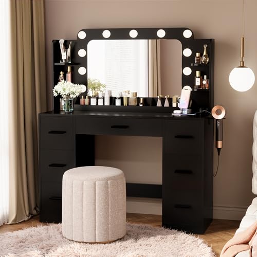 Image of Furmax Vanity Desk with Hollywood Style Mirror with LED Lights, Makeup Table Vanity with 2 AC Outlets and1 USB&1 Type-C Port, Adjustable Lighting, Modern Ample Storage Drawers Dressing Table (Black)