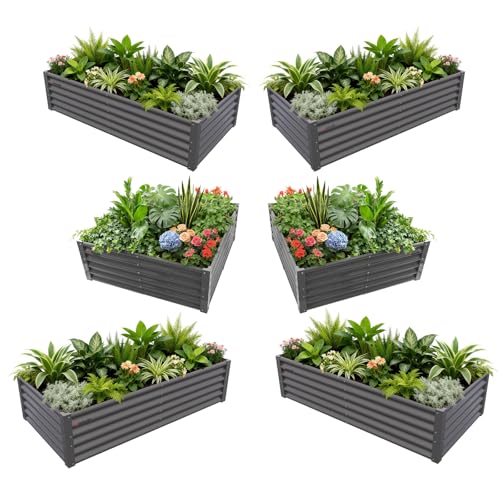 A ANLEOLIFE 6-Piece 18 Inch Tall Quartz Grey Raised Garden Beds Kit, Rectangular & Square Metal Planters for Structured Garden Layouts