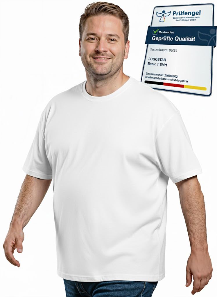 Logostar Herren Übergrößen Basic T-Shirt | große Größen 100% Baumwolle | Weiches Plus Size Shirt | White, XXL