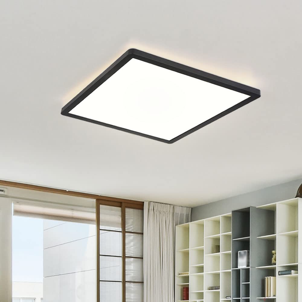 Badezimmer Lampe LED Deckenleuchte Deckenlampe IP44 LED Panel, dimmbar 3 Stufen über Wandschalter, Backlight, schwarz, 24W 2300Lm warmweiß, LxH 42x2,5 cm