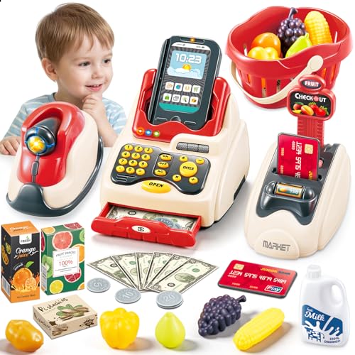Image of deAO Cash Register Toy Scanner, Supermarket Toy for Children with Fake Money Shopping Trolley Educational Accessories for Girls and Children 3 Years