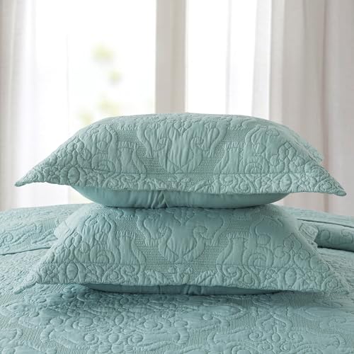 NEWLAKE Quilt Bedspread Set, Light Green Jacquard Embossed Floral Pattern Reversible Embroidered Microfiber Coverlet Sets, King Size