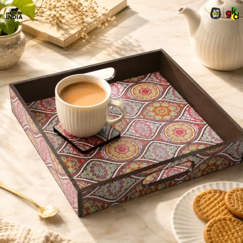 Image of GKD Wooden Serving Tray - Royal Blue Mandala Design - 11x11 Inch MDF Tea, Coffee, Breakfast Tray - Square Tray for Home Decor, Dining Table, Kitchen & Gifting