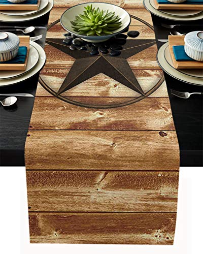 Texas Star Table Runner, Rustic Wood Door with Southwestern Dresser Scarves Non-Slip Rectangle Kitchen Tablecloth for Holiday Dinner Parties Wedding Home Decor,16x72inch