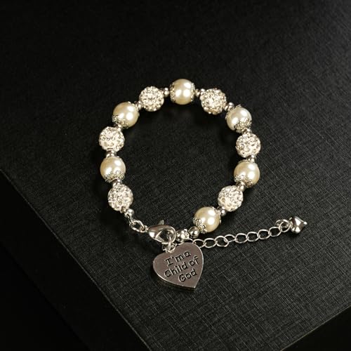 Image of First Communion White Bead Charm Bracelet Handmade Jewelry Baptism or Christening Gift for Girls
